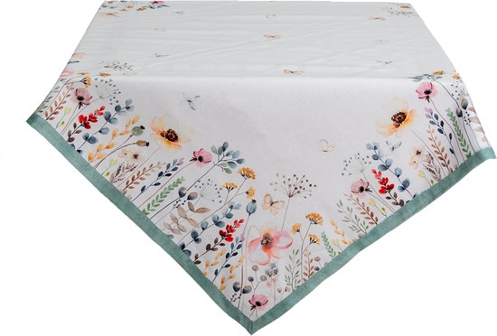 Clayre & Eef Tafelkleed 130*180 cm Wit, Groen Katoen Rechthoek Bloemetjes Tafellaken Tafellinnen Tafeltextiel
