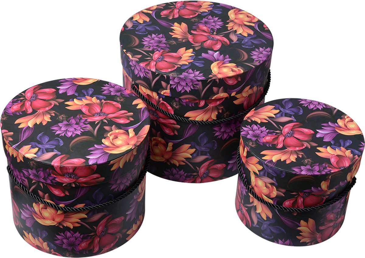 Clayre & Eef Opbergdoos Set van 3 Ø 23x20 / Ø 20x17 / Ø 17x14 cm Oranje Karton Rond Bloemen
