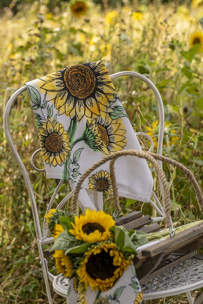 Clayre & Eef Theedoek 50x70 cm Beige Geel Katoen Zonnebloemen Keukenhanddoek Keukendoek Vaatdoek
