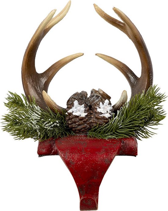Clayre & Eef Haak Kerstsok Gewei 18*24*15 cm Rood Bruin Kunststof