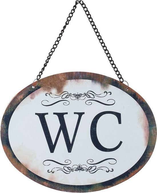 Clayre & Eef Tekstbord 17*13 cm Wit Ijzer Ovaal WC Wandbord Quote Bord Spreuk