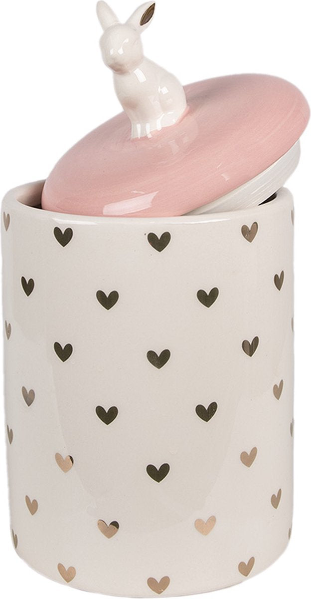 Clayre & Eef Voorraadpot Konijn Ø 13x30 cm Roze Wit Keramiek Hartjes Voorraadpot Deksel