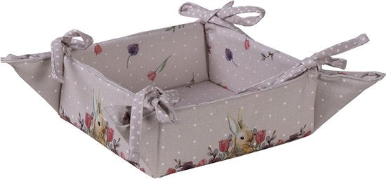 Clayre & Eef Broodmand 35*35*8 cm Grijs Beige Katoen Konijn en bloemen Broodmand stof Basket Cadeau keuken