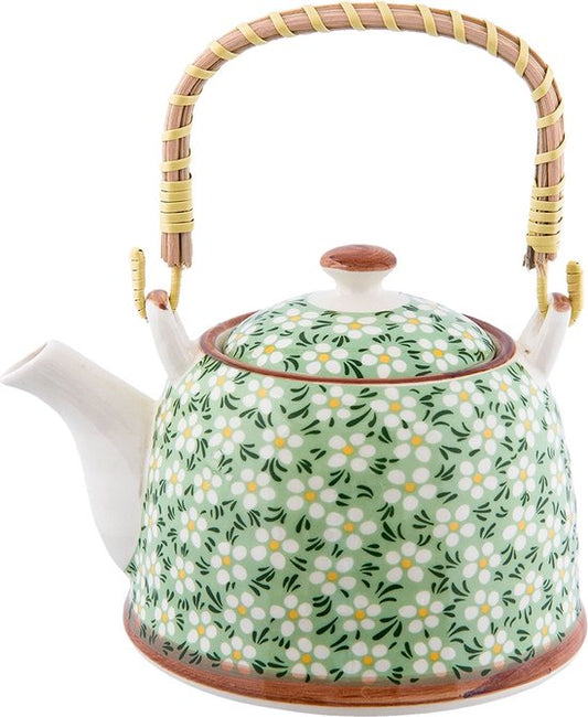 Clayre & Eef Theepot met Filter 18*14*12 cm / 700 ml Groen Keramiek Rond Bloemen Theekan Cadeau voor haar Chinese Theepot