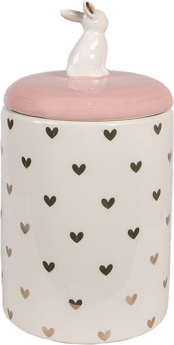 Clayre & Eef Voorraadpot Konijn Ø 13x30 cm Roze Wit Keramiek Hartjes Voorraadpot Deksel