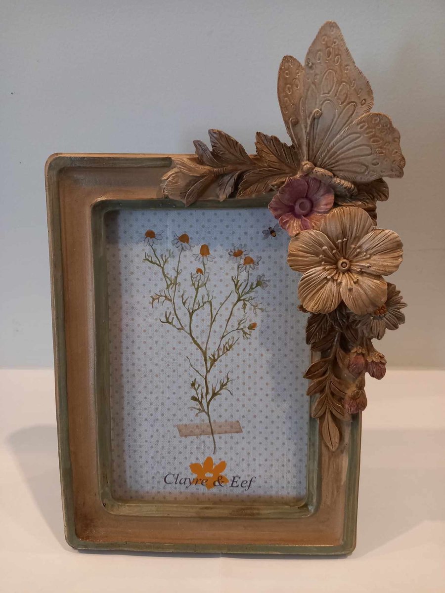 Clayre & Eef Fotolijst 10x15 cm Bruin Beige Kunststof Glas Bloemen Fotokader