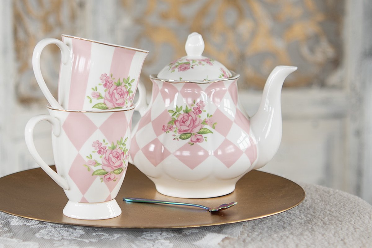 Clayre & Eef Theepot 1000 ml Roze Wit Porselein Rozen