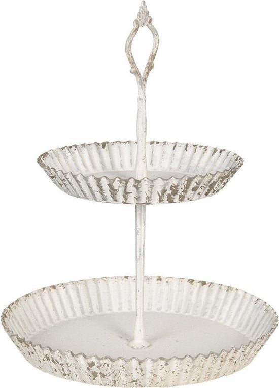 Clayre & Eef Etagère Ø 19*26 cm Wit Ijzer Rond Taartplateau op voet Serveerschaal