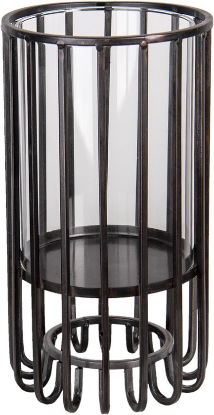 Clayre & Eef Windlicht Ø 14*25 cm Zwart Metaal Rond Kaarsenhouder Sfeerverlichting