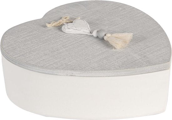 Clayre & Eef Opbergdoos 18*18*6 cm Grijs Wit Hout Hartvormig Hart Opbergbox