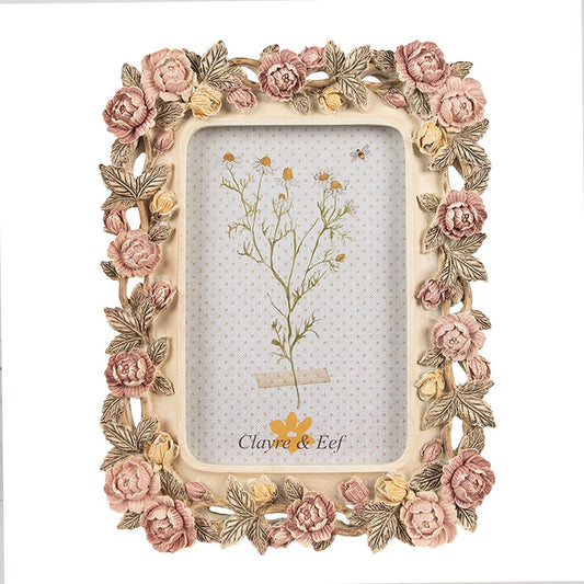 Clayre & Eef Fotolijst 10x15 cm Roze Kunststof Glas Roosjes Fotokader