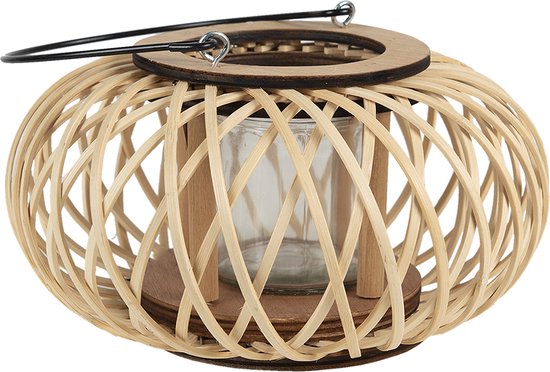 Clayre & Eef Windlicht Ø 23*12 cm Beige Bamboe Rond Kaarsenhouder Sfeerverlichting