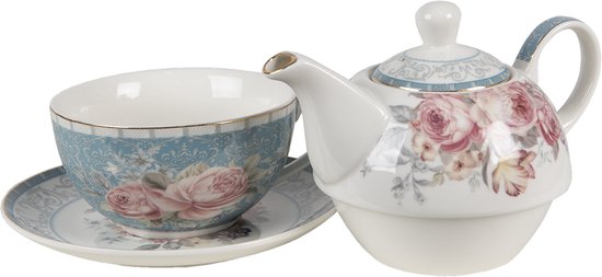 Clayre & Eef Tea for One 16*10*14 cm / 400 ml / 250 ml Blauw Wit Porselein Bloemen Theepot set Cadeau voor haar Theepot met Kopje