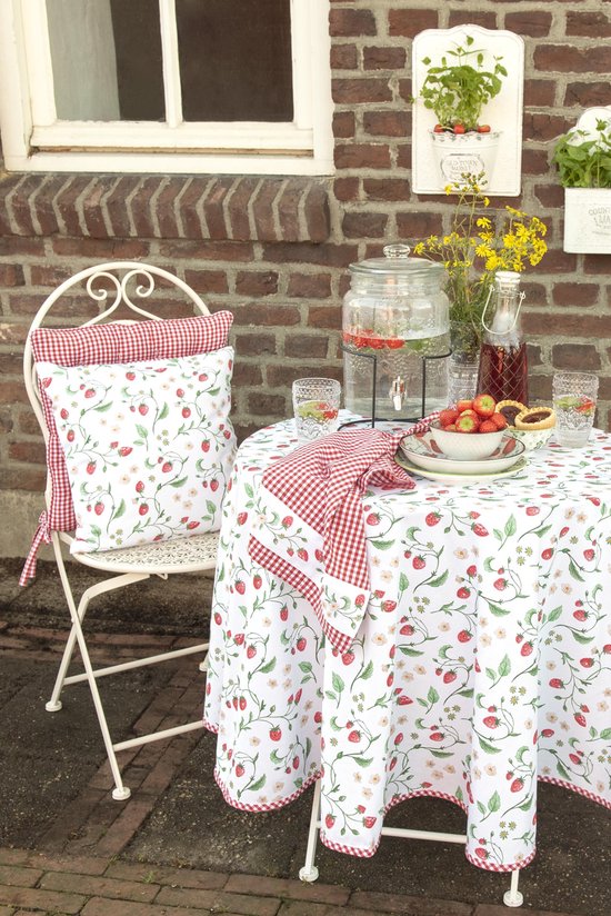 Clayre & Eef Tafelloper 50*160 cm Wit Rood Groen Katoen Rechthoek Aardbeien Tafelkleed Loper Tafeltextiel