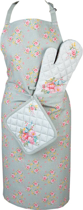 Clayre & Eef Keukenschort 70x85 cm Groen Katoen Bloemen BBQ Schort