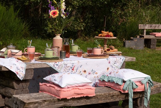 Clayre & Eef Keukenschort 70*85 cm Wit Roze Groen Katoen Bloemetjes BBQ Schort Cadeau voor haar Kookschort