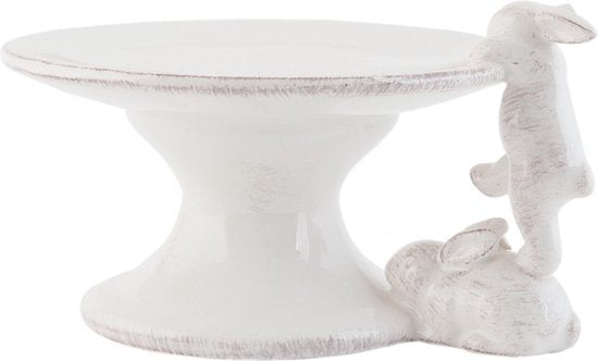 Clayre & Eef Taartplateau op voet 16*14*9 cm Wit Keramiek Rond Haasjes Etagère Taartschaal Serveerschaal