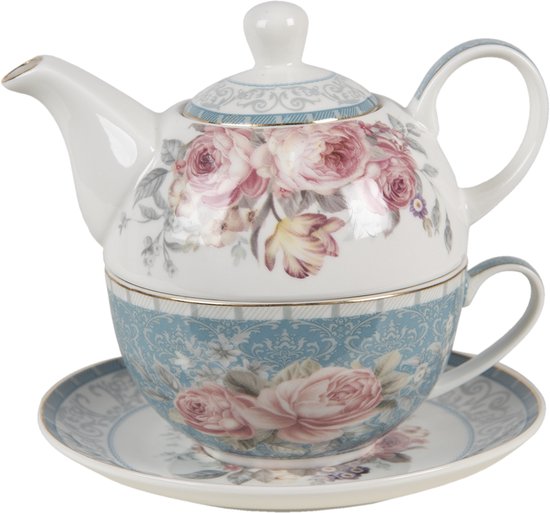 Clayre & Eef Tea for One 16*10*14 cm / 400 ml / 250 ml Blauw Wit Porselein Bloemen Theepot set Cadeau voor haar Theepot met Kopje