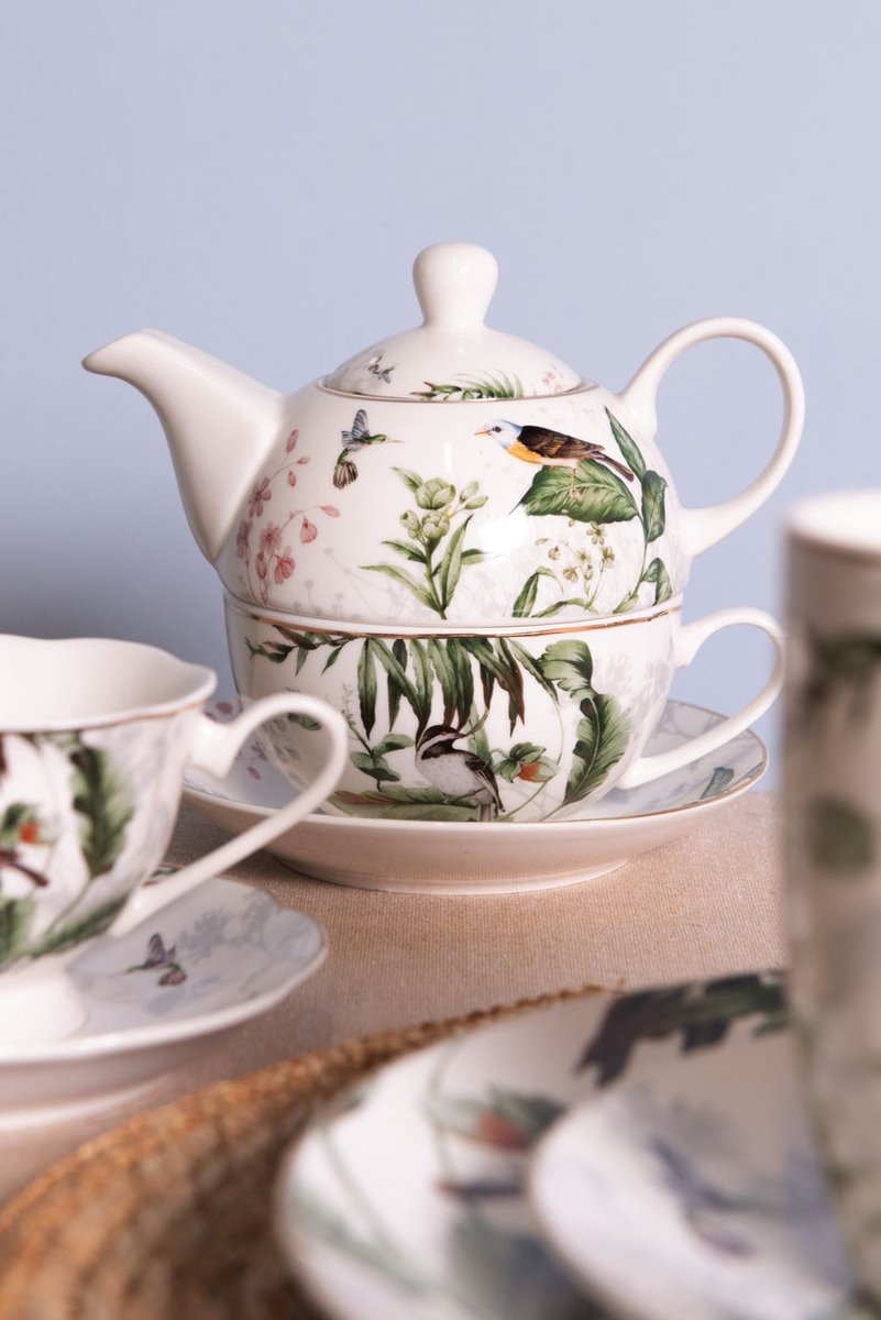 Clayre & Eef Tea for One 460 ml Wit Groen Porselein Vogels Theepot set