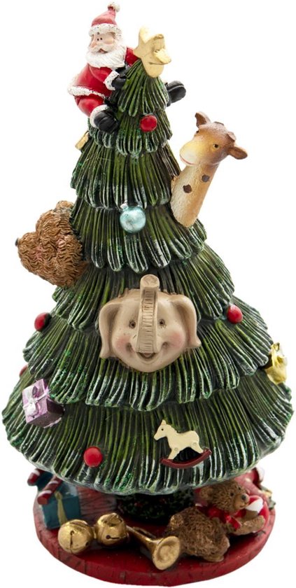 Clayre & Eef Muziekdoos Kerstboom Ø 12*24 cm Groen Rood Kunststof Kerstdecoratie Beeld Decoratief Figuur Decoratieve Accessoires