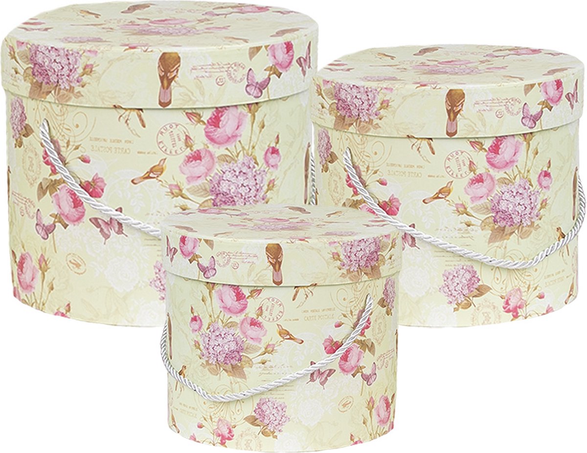Clayre & Eef Opbergdoos Set van 3 23x20 / Ø 20x17 / Ø 17x14 cm Groen Karton Bloemen