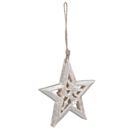 Clayre & Eef Decoratie Hanger Ster 6H1524M 20*2*20 cm Wit Hout Kersthanger Kerstboomversiering