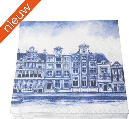 Heinen Delfts Blauw - Servetten - Grachtenpanden - Papier - 17 x 17 cm