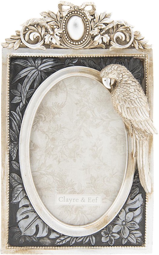 Clayre & Eef Fotolijst 15*3*24 cm / 10*15 cm Zilverkleurig Kunststof Glas Rechthoek Papegaai Fotokader Wissellijst Foto Frame