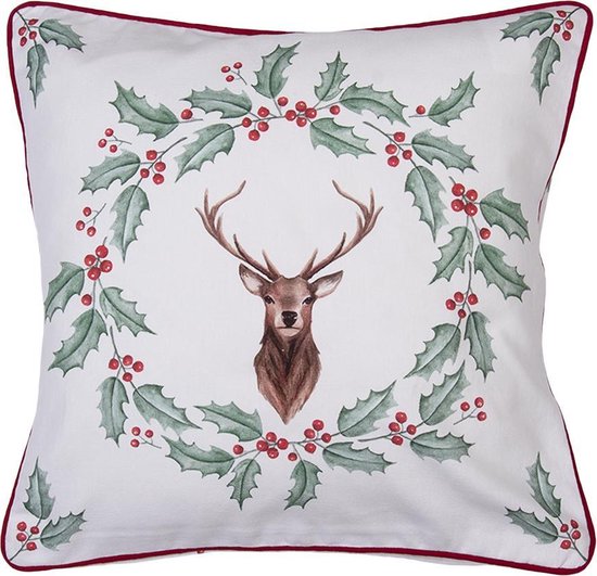 Clayre & Eef Kussenhoes 40*40 cm Wit Rood Katoen Vierkant Hulstblaadjes, rendier Sierkussenhoes Kussen hoes