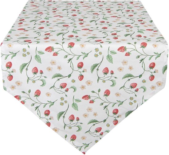 Clayre & Eef Tafelloper 50*160 cm Wit Rood Groen Katoen Rechthoek Aardbeien Tafelkleed Loper Tafeltextiel