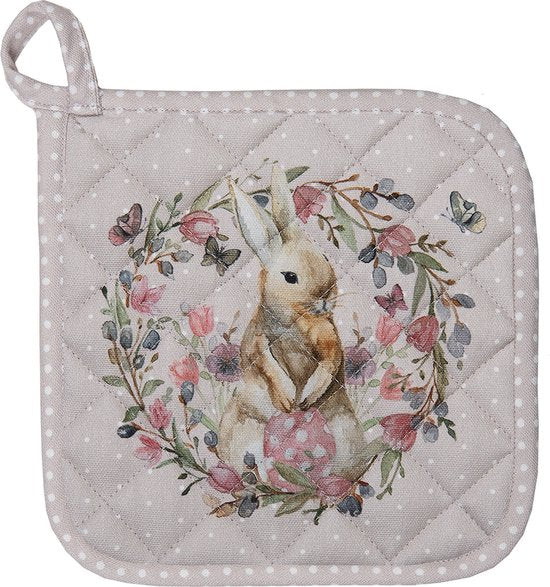 Clayre & Eef Pannenlap 20*20 cm Beige, Grijs Katoen Vierkant Konijn en bloemen Afgiet Pannenlap Afgiethulp
