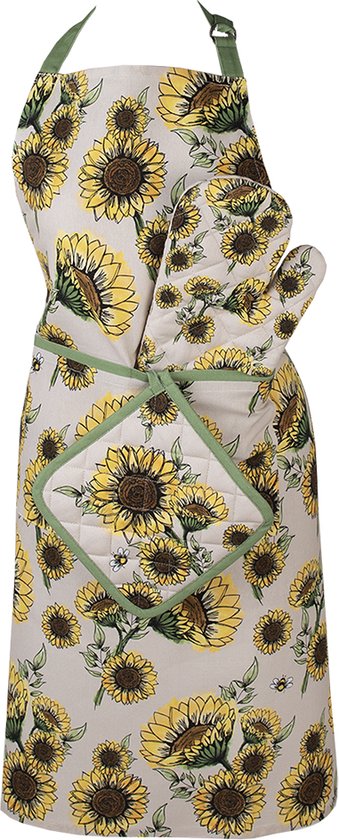 Clayre & Eef Keukenschort 70x85 cm Beige Geel Katoen Zonnebloemen BBQ Schort Cadeau voor haar Kookschort