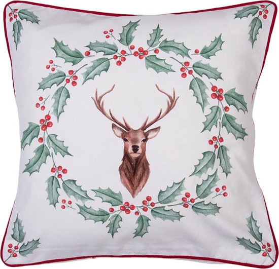 Clayre & Eef Kussenhoes 40*40 cm Wit Rood Katoen Vierkant Hulstblaadjes, rendier Sierkussenhoes Kussen hoes