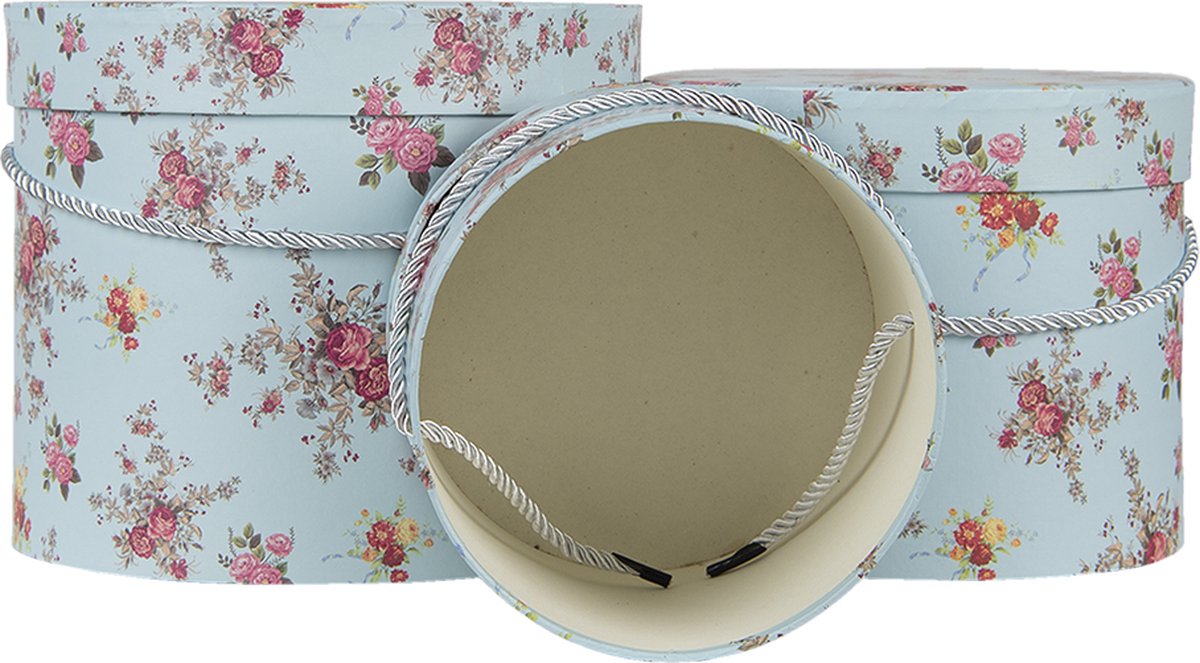 Clayre & Eef Hoedendoos Set van 3 Ø 23x19 cm Blauw Roze Karton Bloemen Opbergdoos Cadeaudoos
