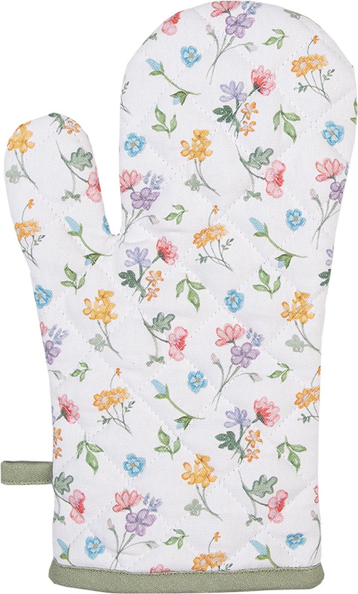 Clayre & Eef Ovenwant 18x30 cm Wit Groen Katoen Bloemen