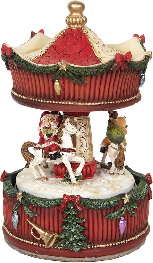 Clayre & Eef Muziekdoos Draaimolen Ø 11*17 cm Rood Kunststof Kerstdecoratie Beeld Decoratief Figuur Decoratieve Accessoires