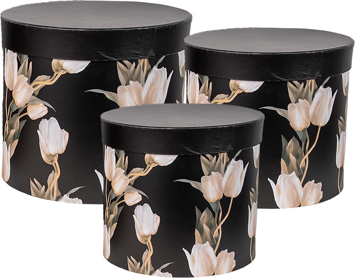 Clayre & Eef Opbergdoos Set van 3 Ø 24x21 / Ø 22x29/ Ø 19x18 cm Zwart Karton Rond Tulpen