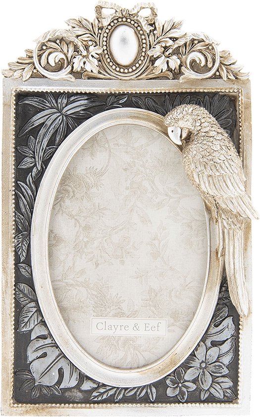 Clayre & Eef Fotolijst 15*3*24 cm / 10*15 cm Zilverkleurig Kunststof Glas Rechthoek Papegaai Fotokader Wissellijst Foto Frame