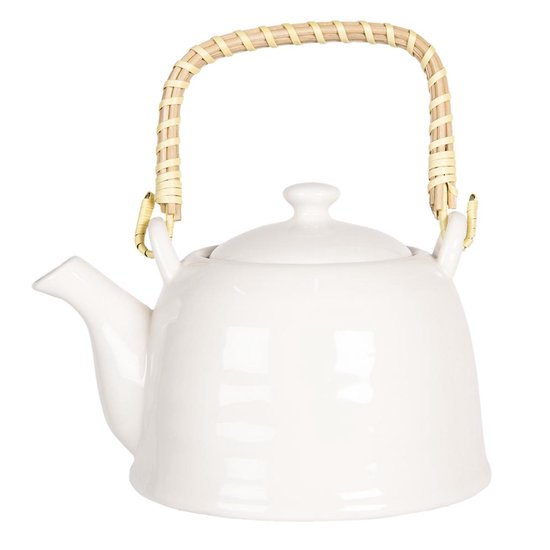 Clayre & Eef Theepot met Filter 17*12*10 cm / 600 ml Wit Porselein Rond Theekan Cadeau voor haar Chinese Theepot