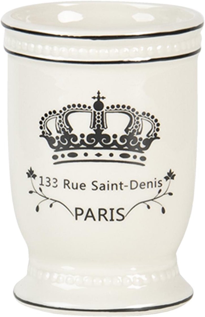 Clayre & Eef Badkamerset Set van 4 Beige Zwart Keramiek Kroon Paris Badkamer Accessoires Set