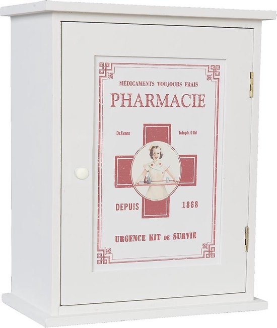 Clayre & Eef Medicijnkastje 24*13*30 cm Wit Hout Rechthoek Pharmacie Badkamerkast Hangend
