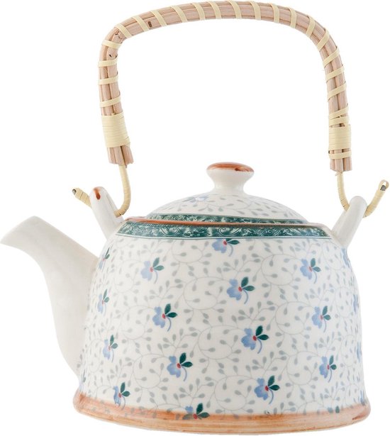 Clayre & Eef Theepot met Filter 18*14*12 cm / 700 ml Blauw Keramiek Rond Bloemen Theekan Cadeau voor haar Chinese Theepot