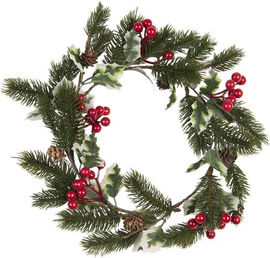 Clayre & Eef Decoratie Krans Ø 33 cm Groen Rood Hout Kunststof Rond Vlaskrans Deurkrans