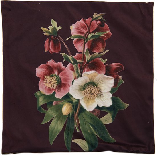 Clayre & Eef Kussenhoes 45*45 cm Bruin Rood Groen Wit Polyester Vierkant Bloemen Sierkussenhoes