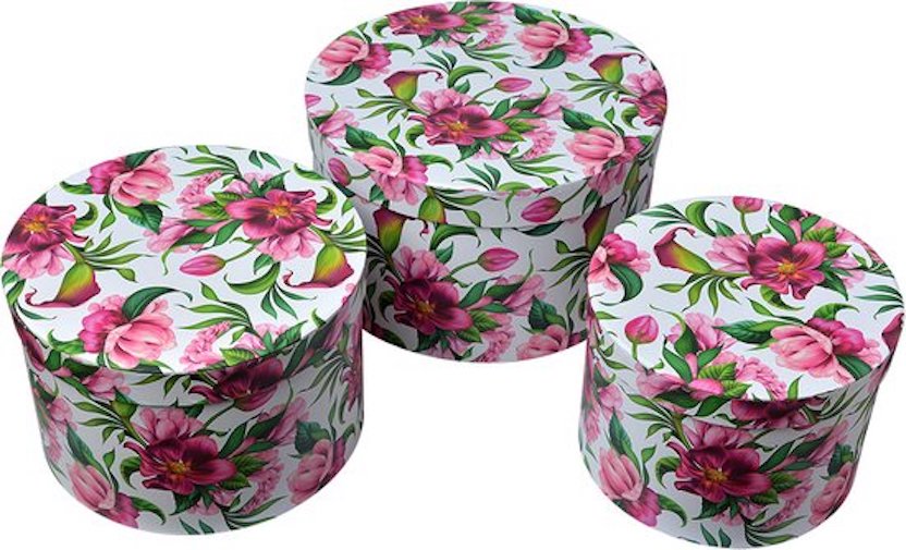 Clayre & Eef Opbergdoos Set van 3 Ø 26x15 / Ø 22x15 / Ø 19x14 cm Roze Karton Rond Bloemen