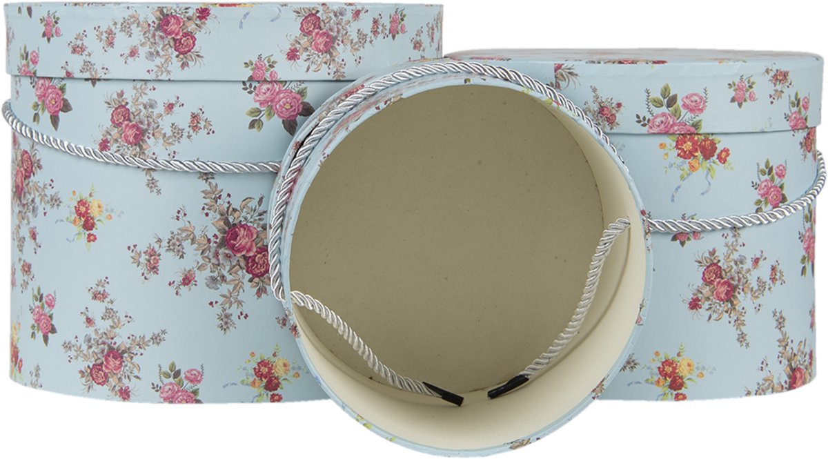 Clayre & Eef Hoedendoos Set van 3 Ø 23x19 cm Blauw Roze Karton Bloemen Opbergdoos Cadeaudoos