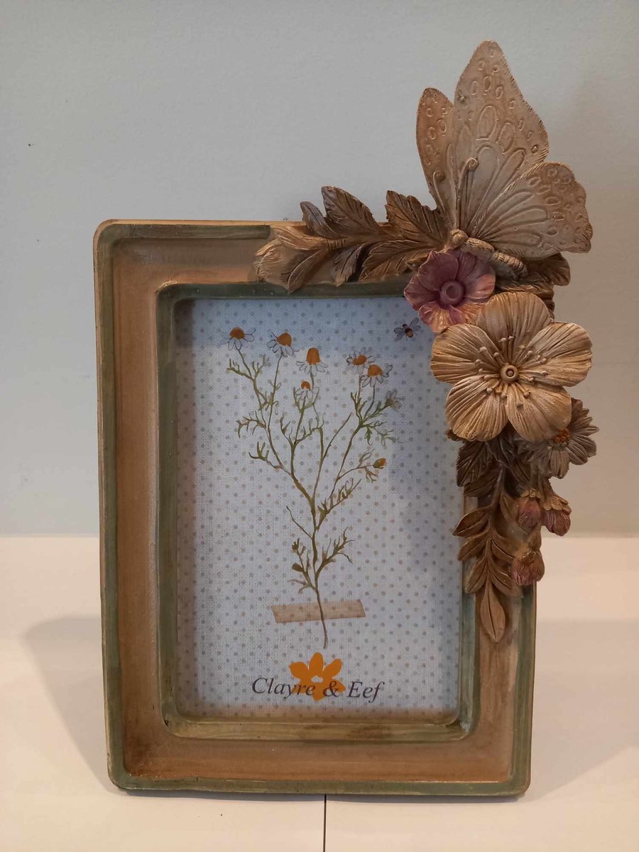 Clayre & Eef Fotolijst 10x15 cm Bruin Beige Kunststof Glas Bloemen Fotokader