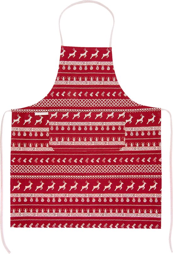 Clayre & Eef Keukenschort 70*85 cm Rood Beige Katoen kerst BBQ Schort Cadeau voor haar Kookschort