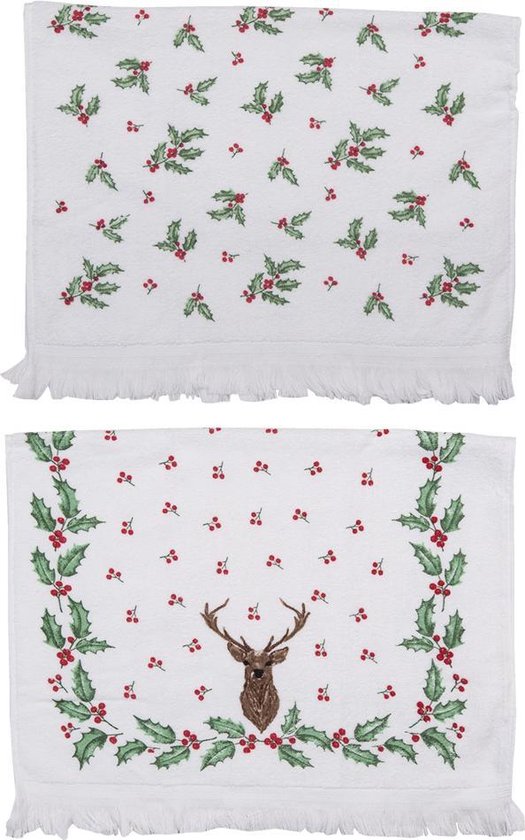 Clayre & Eef Gastendoekje Set van 2 40*66 cm Wit Rood Groen Katoen kerst Toilet Handdoek Kleine Handdoek