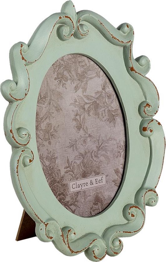 Clayre & Eef Fotolijst 19*2*25 cm / 12*16 cm Turquoise Kunststof, Glas Ovaal Krullen Fotokader Wissellijst Foto Frame